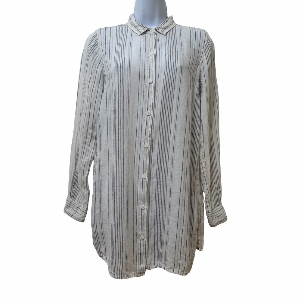 Garnet Hill 100% Linen Stripe Button Up Tunic Shirt Size XS White Coastal Vacay